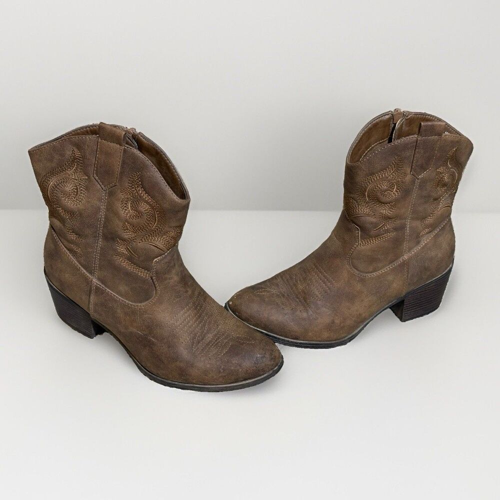 Global WIN Womens Cowboy Boots Sz 9.5 Style 19YY16 Brown Embroidered Zippers